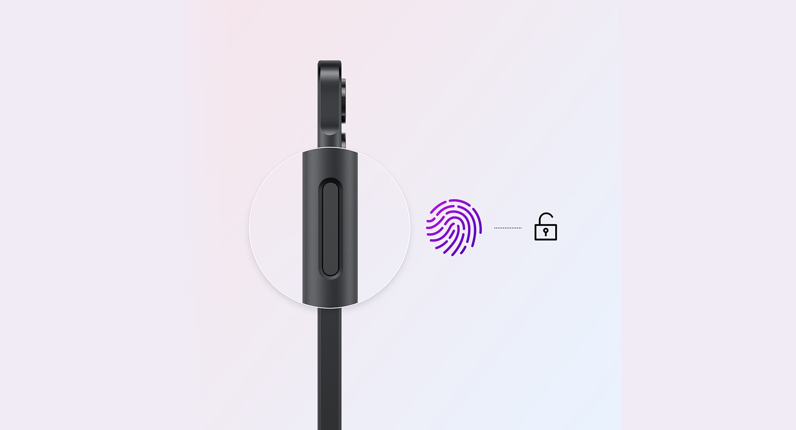 Side view of the Galaxy A06 5G is shown. The fingerprint sensor is highlighted with a lock and fingerprint icons indicating the unlocking functionality.