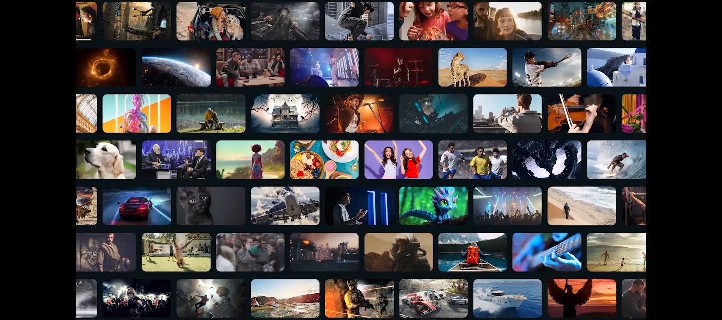 Array of screens showing various content. Aerial shot reveals more screens and vast amount of content available. Endless Free Content. Other screens appear. Experience, smart, beyond. Screens move to the side as if scrolled through. TV show, sports, movie, drama, music. Upscale Your Entertainment.