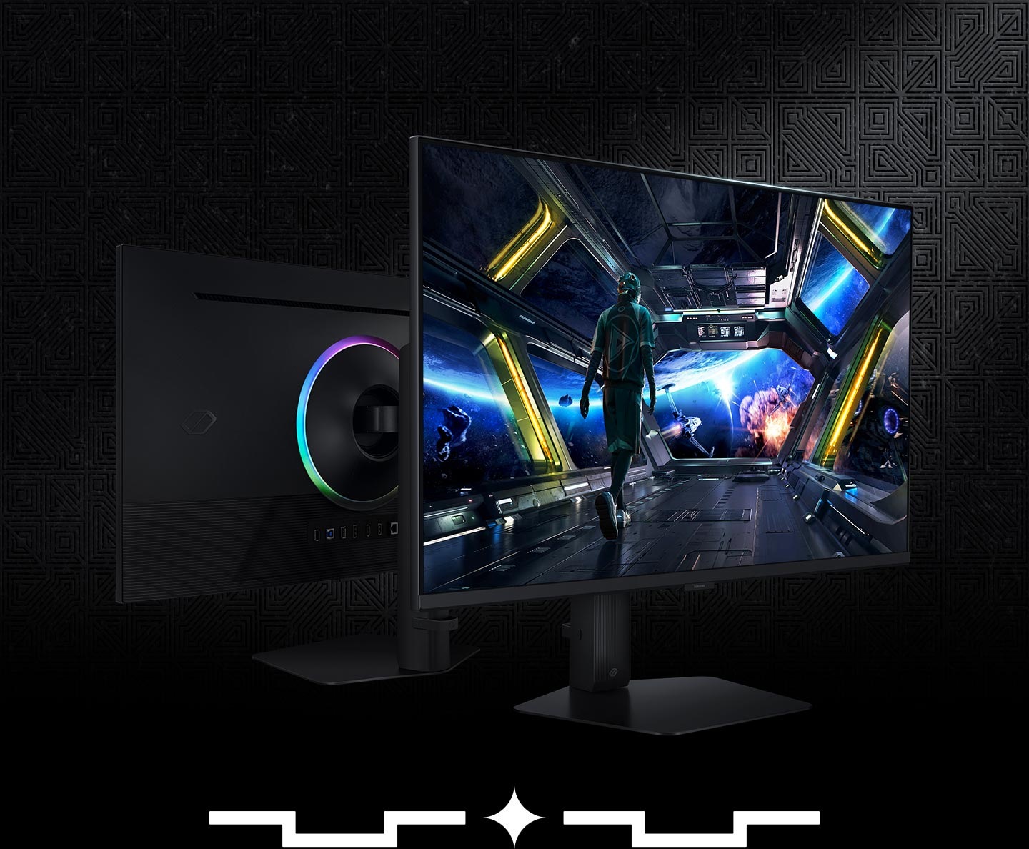 There are two Odyssey G7 monitors and one of them is facing the front and the other is facing the back.