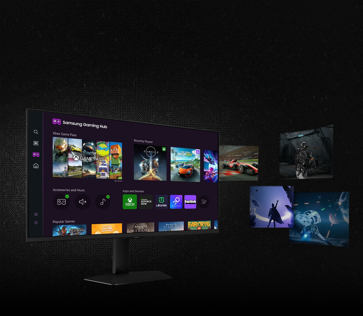 There is an Odyssey G7 monitor with the Gaming Hub home screen display. On the right side, there are four game-like images.