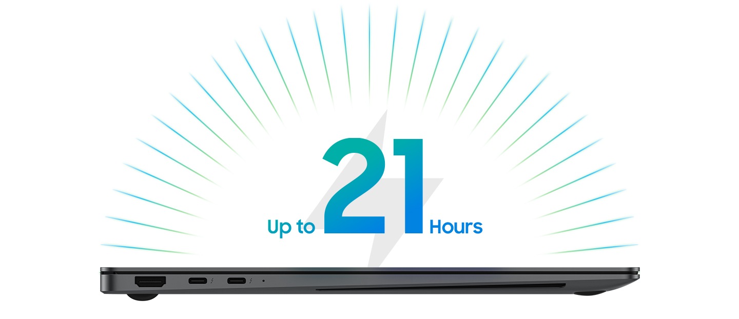 Galaxy Book5 Pro is closed and set on the right side view. Up to 21 hours of battery life is supported.