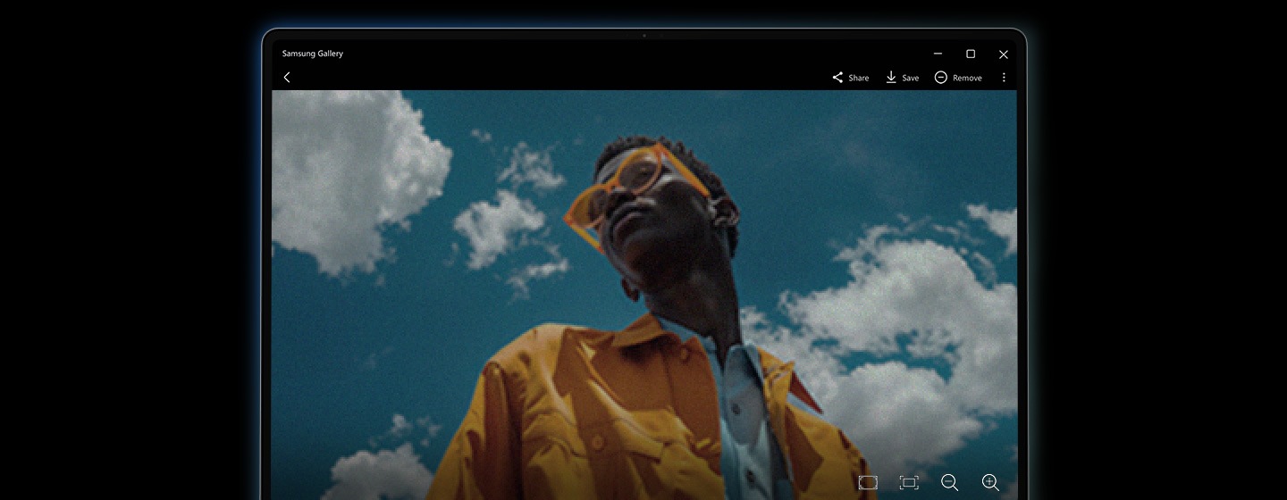 An image of a young man in the bright outdoors is open in Samsung Gallery app on Galaxy Book5 Pro 360 before being remastered using the NPU-powered Photo Remaster tool. The image is blurry and low-quality.