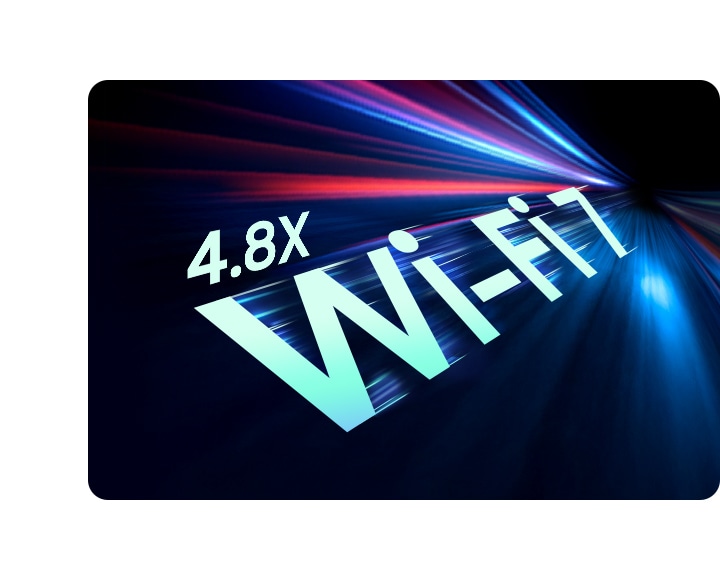 Big Wi-Fi 7 letters with the number 4.8X and blurry lines around are shown to highlight the faster speed compared with Wi-Fi 6 and Wi-Fi 6E.