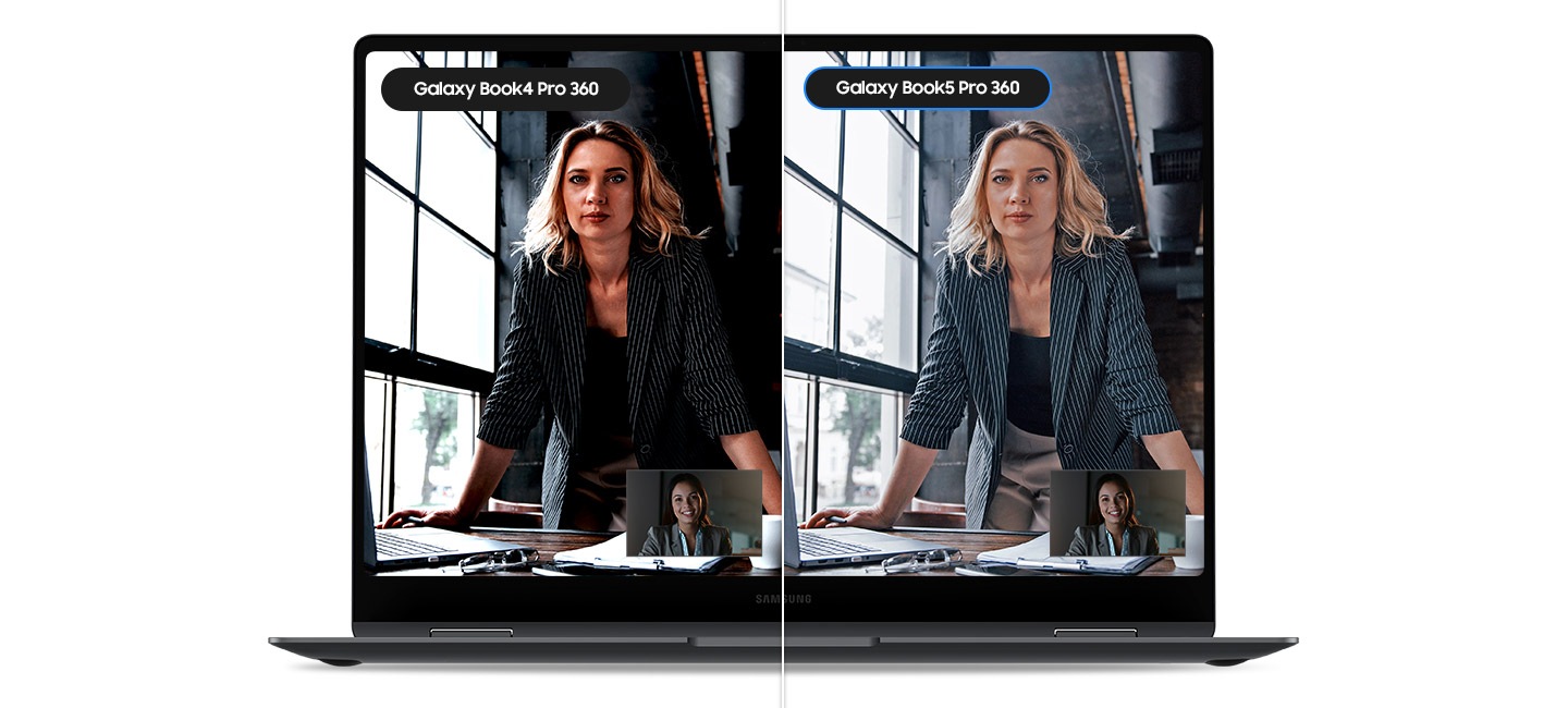 Galaxy Book5 Pro 360 is open, facing forward with two people participating in a video call shown onscreen. The screen is divided in two. On the left side, Galaxy Book4 Pro 360, the onscreen image is dark. On the right side, Galaxy Book5 Pro 360, the onscreen image is bright and vivid thanks to Staggered HDR.