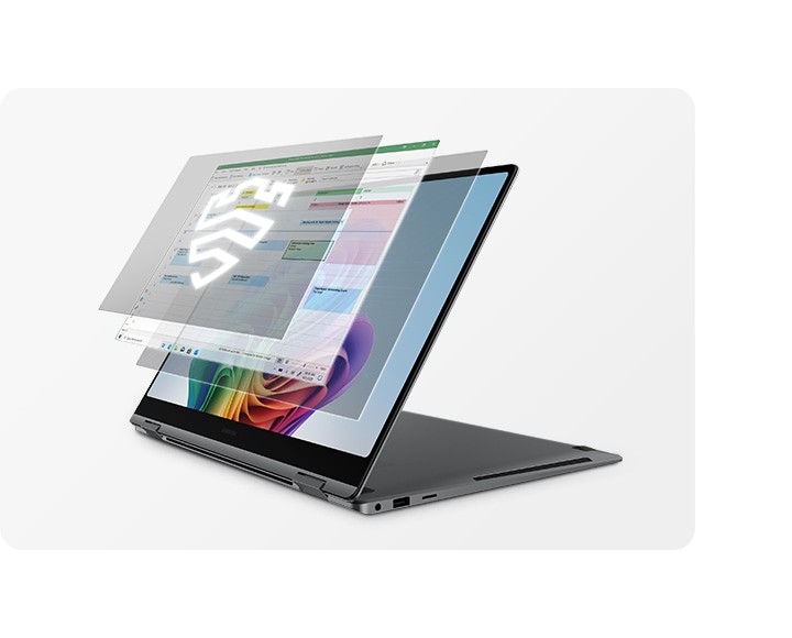 Galaxy Book5 Pro 360 in Gray is open, facing left with a colorful wallpaper shown onscreen. Microsoft Excel app window and two other layers of onscreen windows are shown on top of the device's screen. Samsung Knox logo shown in front.