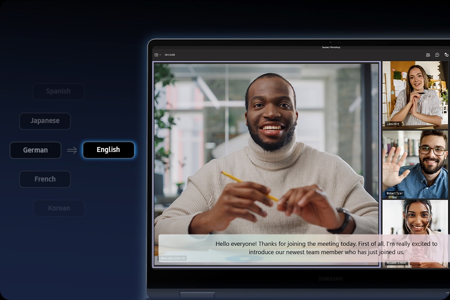 Galaxy Book5 Pro 360 is open, facing forward with a Microsoft Teams group video call with 4 participants open onscreen. Live Captions with real-time AI translation from German into English is activated and English captions are shown onscreen.