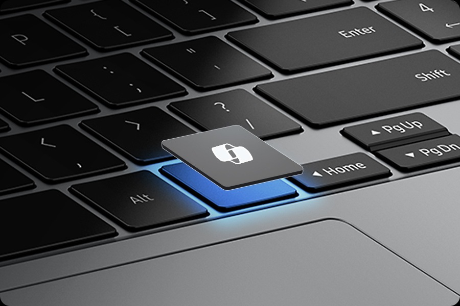 Close-up of the keyboard and touchpad area on Galaxy Book5 Pro 360 with the Copilot key highlighted and floating above the keyboard.