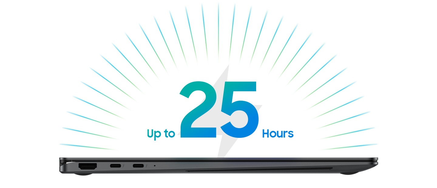 Galaxy Book5 Pro 360 is closed and set on the right side view. Up to 25 hours of battery life is supported.