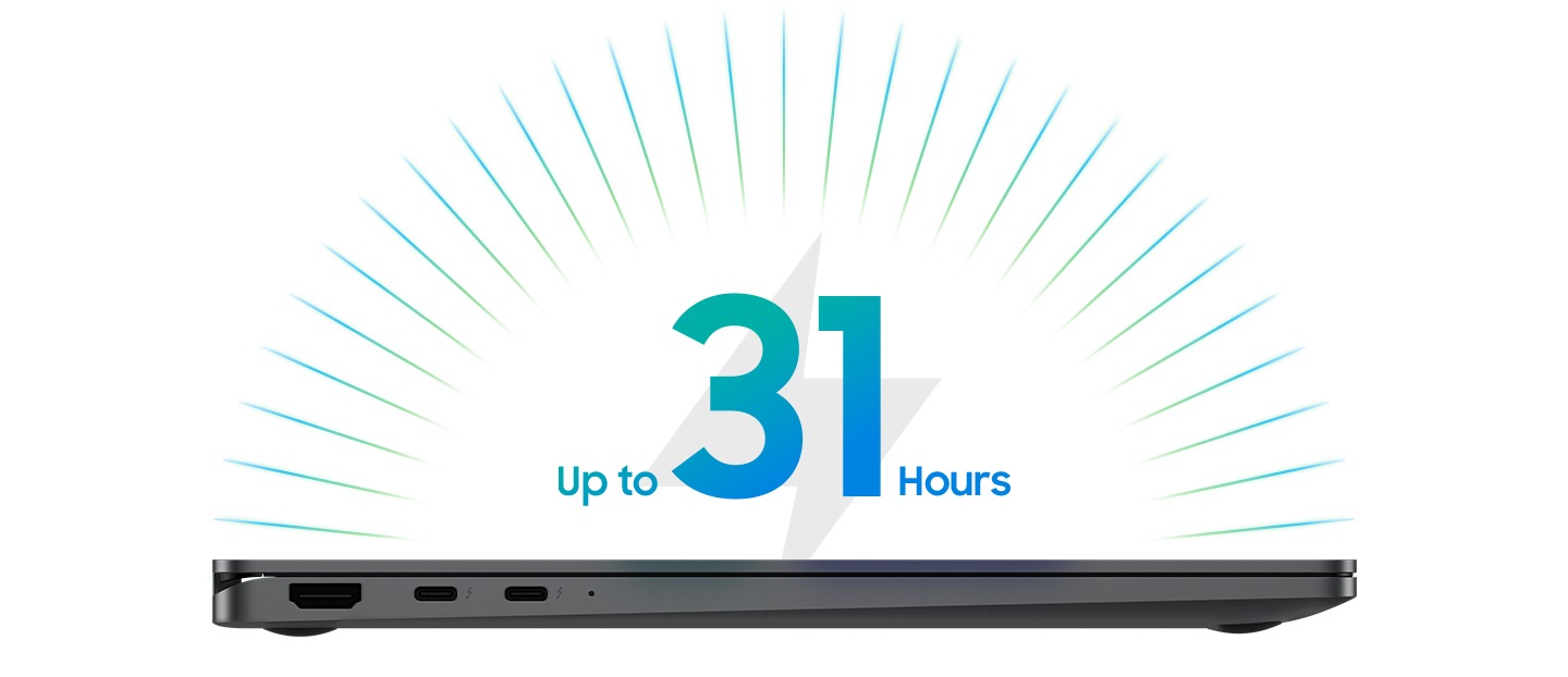 Galaxy Book5 360 is closed and set on the right side view. Up to 31 hours of battery life is supported.
