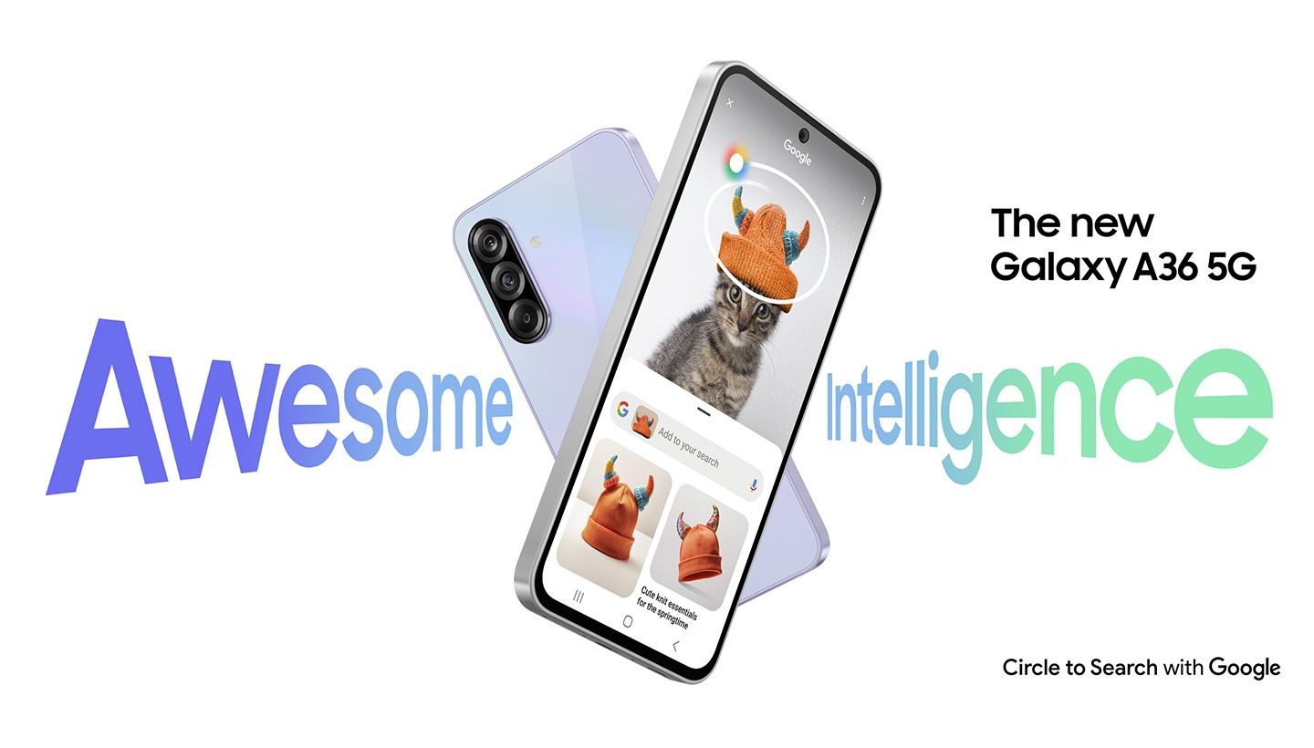 Two Galaxy A36 5G devices forming an X shape. The one in the back is in rear view. The one in the front has Circle to Search feature onscreen. Text Awesome Intelligence and The new Galaxy A36 5G can be seen. Text Circle to Search with Google is at the bottom right.