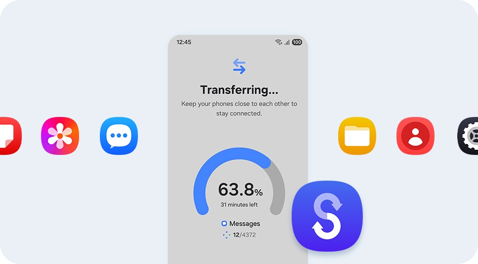 A smartphone displaying a data transfer process. Around the phone are colorful app icons and a Smart Switch logo.