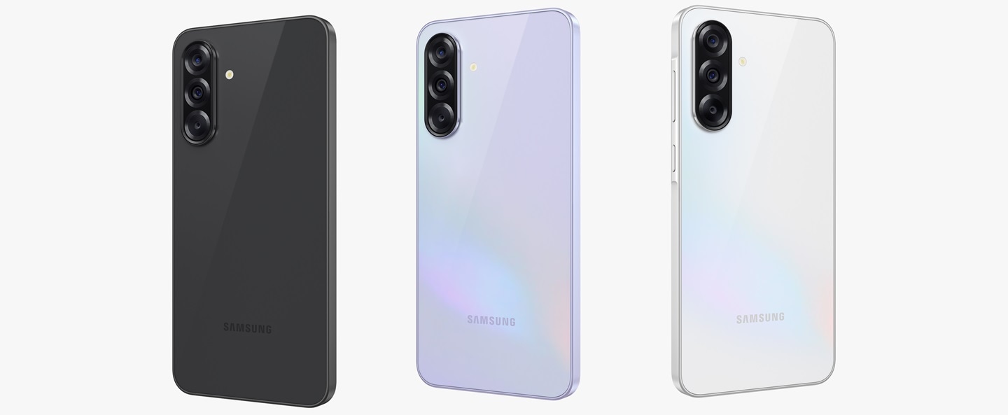 Four Galaxy A36 5G devices tilted in different directions showing the rear view. The device on the far left and second from the right are tilted toward the right. The device on the far right and second from the left are tilted toward the left.