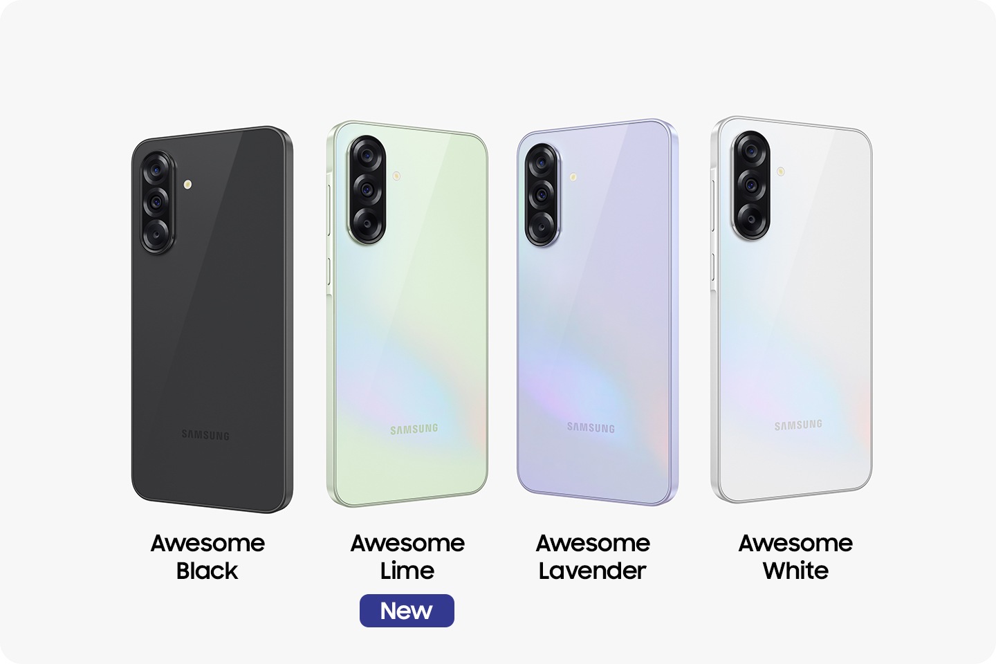 Four Galaxy A36 5G devices tilted in different directions showing the rear view. The device on the far left and second from the right are tilted toward the right. The device on the far right and second from the left are tilted toward the left.