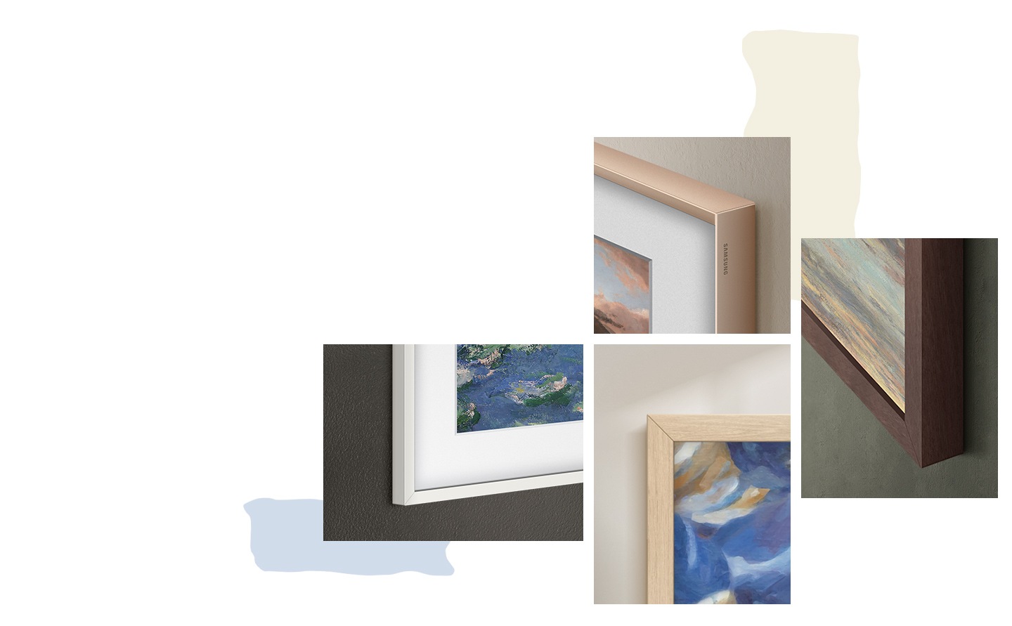 Close-ups of The Frame TV's customizable bezels in different colors.