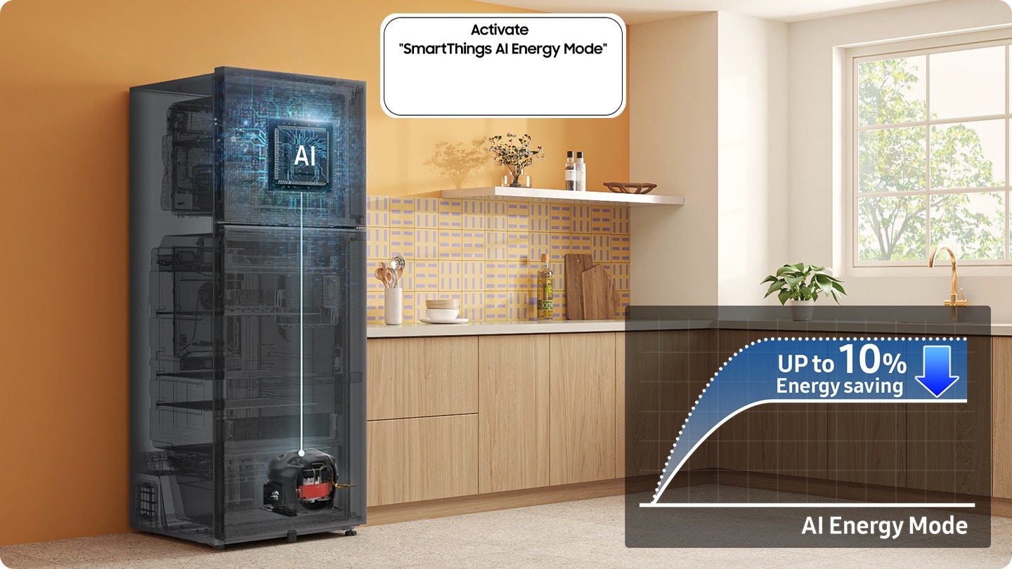The refrigerator installed in the kitchen with the Activate “SmartThings AI Energy Mode” button ON. The AI Energy Mode is turned on, AI activated to check internal and manage the compressor, and a graph shows the UP to 10% Energy Saving effect when in AI Energy Mode compared to Normal mode.