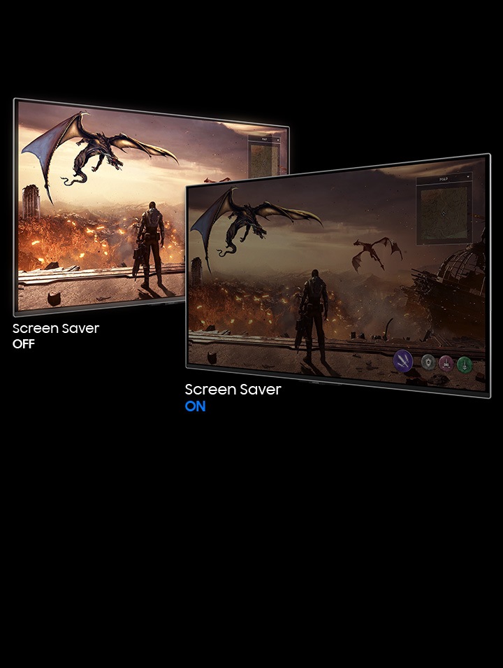 A bright and dimmed screen shows dragons flying above character. One reads "Screen Saver OFF" and other "Screen Saver ON."