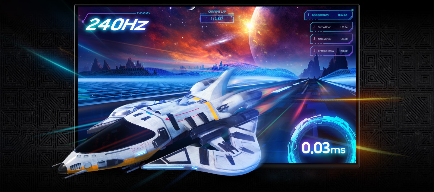 A rocket ship breaks out from a screen showing a racing background into the galaxy. 240Hz & 0.03ms.