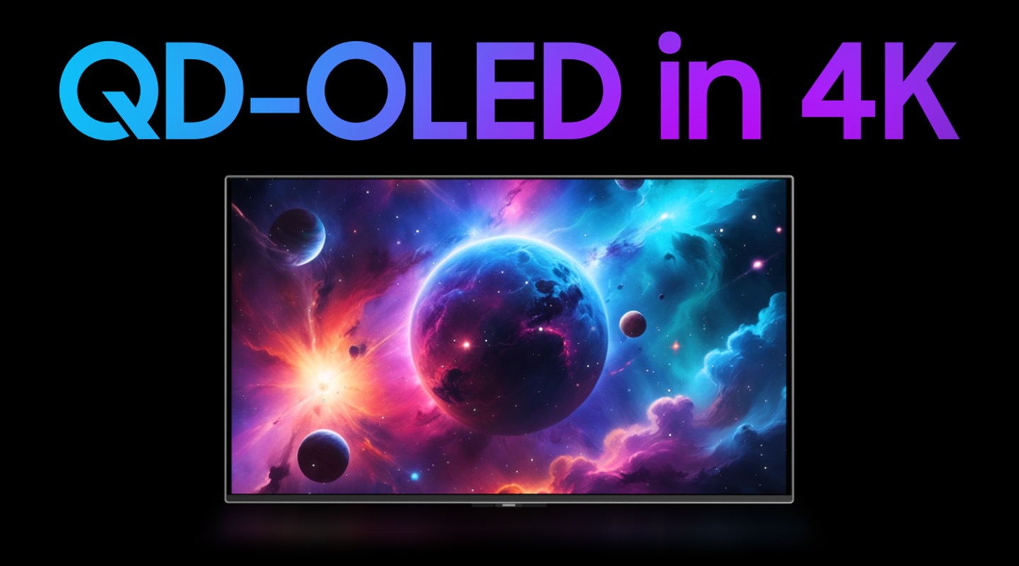 Bird's-eye view of the monitor on top of colorful QD-OLED in 4K. The monitor moves to the bottom, showing the screen. Colorful particles enter the screen and show a clear image of multiple planets in the universe moving.