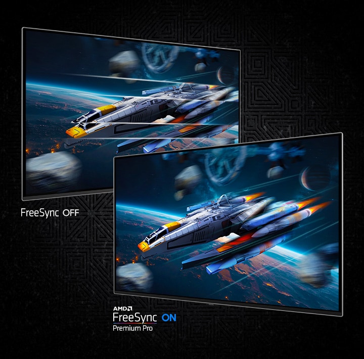 Two screens show a spacecraft in space. FreeSync OFF shows a choppier image than AMD FreeSync Premium Pro ON.