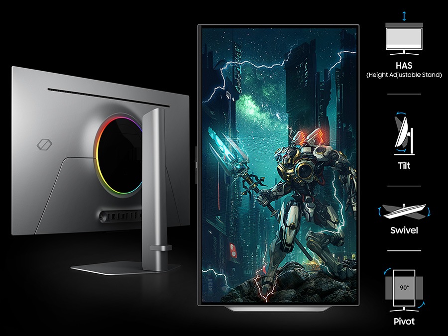 A back panel of the monitor and a vertical screen showing the character in full. HAS, Tilt, Swivel, Pivot.