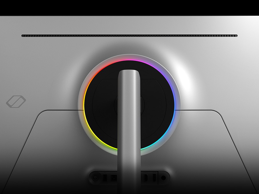 The back panel of a monitor has a circle in the center showing different colors. The colors circulate multiple times.