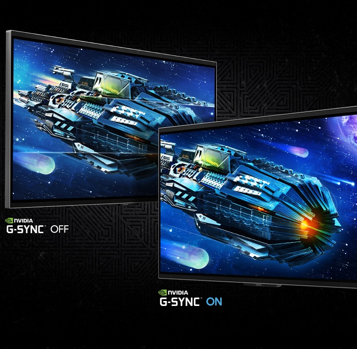 Two screens show a rocket ship in space with meteors. NVIDIA G-SYNC OFF shows a choppier image than NVIDIA G-SYNC ON.