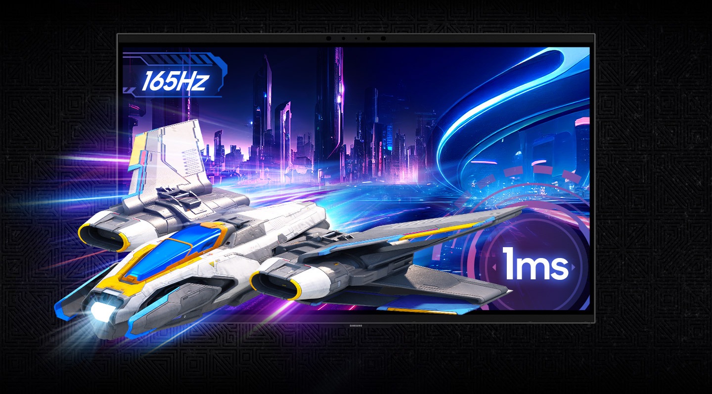 Spacecraft dashing out of the screen showing neon buildings. Its speed seen through165Hz refresh rate and 1ms response time.