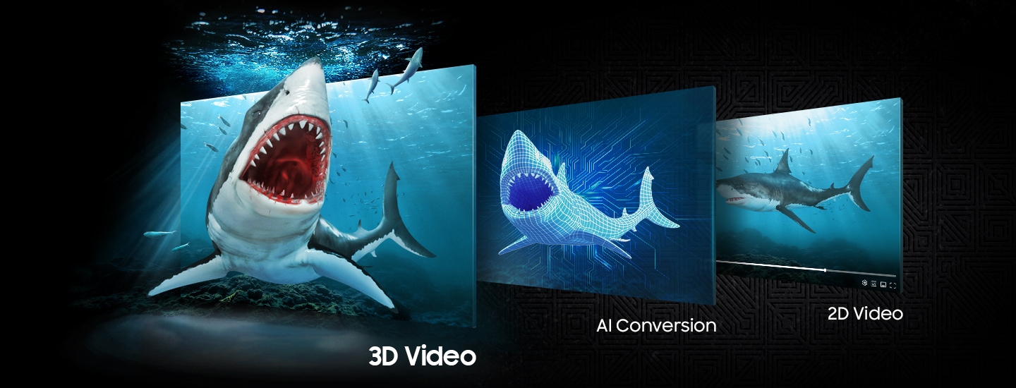 Shows the process of AI conversion converting 2D shark video into 3D video. In 3D, the shark swims out of the display.