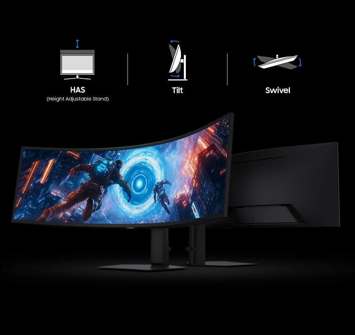Two monitors back to back with one showing gaming scene. Illustrations for HAS Height Adjustable Stand, Tilt, Swivel.