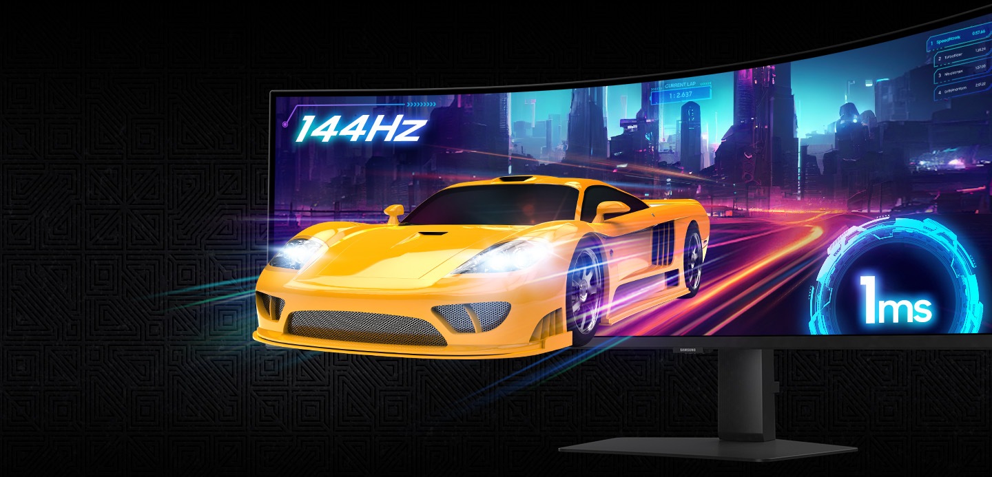 A yellow sports car breaks out from the screen showing a racing background. 144Hz & 1ms.
