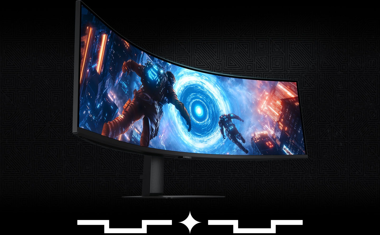 A curved monitor shows two characters in astronaut suits going towards a neon blue circle in a dark city.