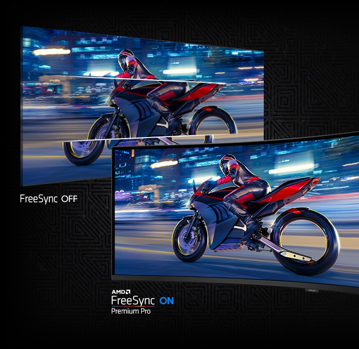 Two screens show a rider driving on a motorcycle. FreeSync OFF shows a choppier image than AMD FreeSync ON Premium Pro.
