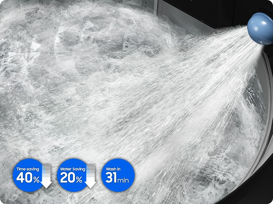 Inside the washing machine, Strong water Jet is coming out. Super Speed has 40% time saving, 20% water saving and wash in 31 min.
