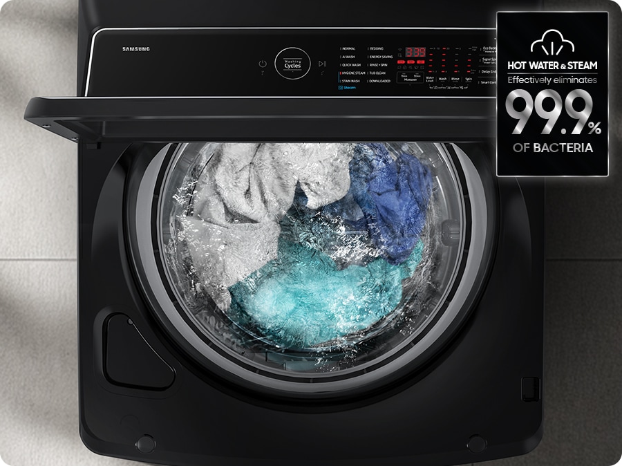 The steam is dispersed inside the washing machine drum to remove allergens and bacteria. The hot water and steam effectively eliminate 99.9% of bacteria.