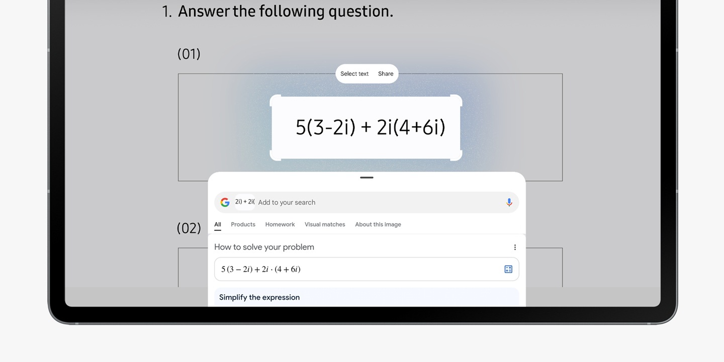 Galaxy Tab S10 FE+ screen shows a math equation highlighted with Circle to Search UI. Below it is a Circle to Search popup with details regarding the math equation.