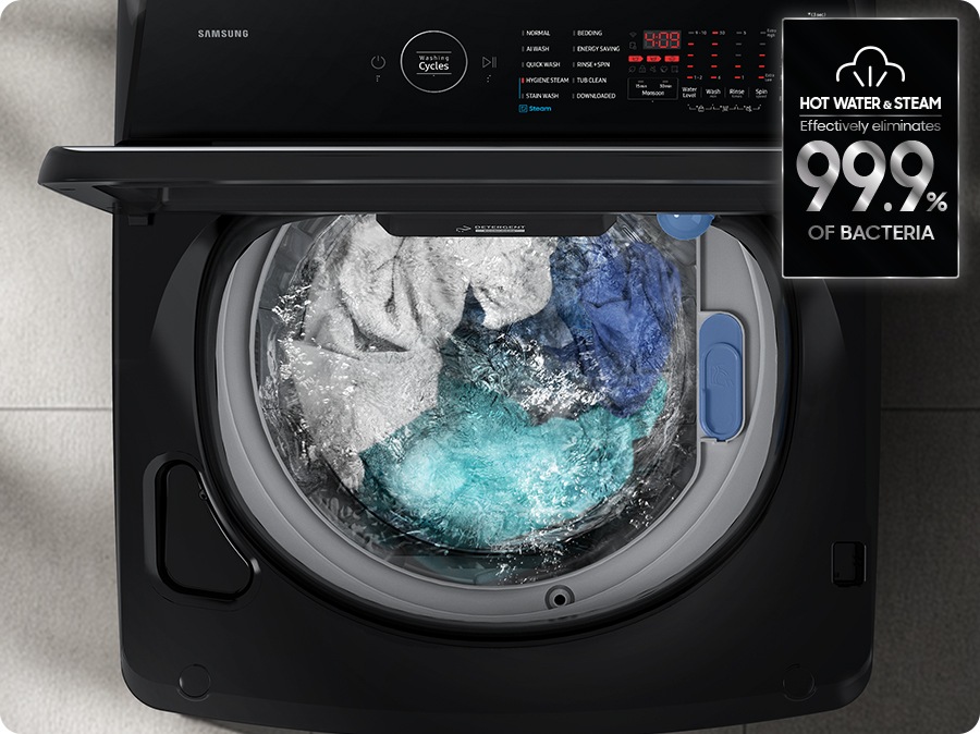 The steam is dispersed inside the washing machine drum to remove allergens and bacteria. The hot water and steam effectively eliminate 99.9% of bacteria.