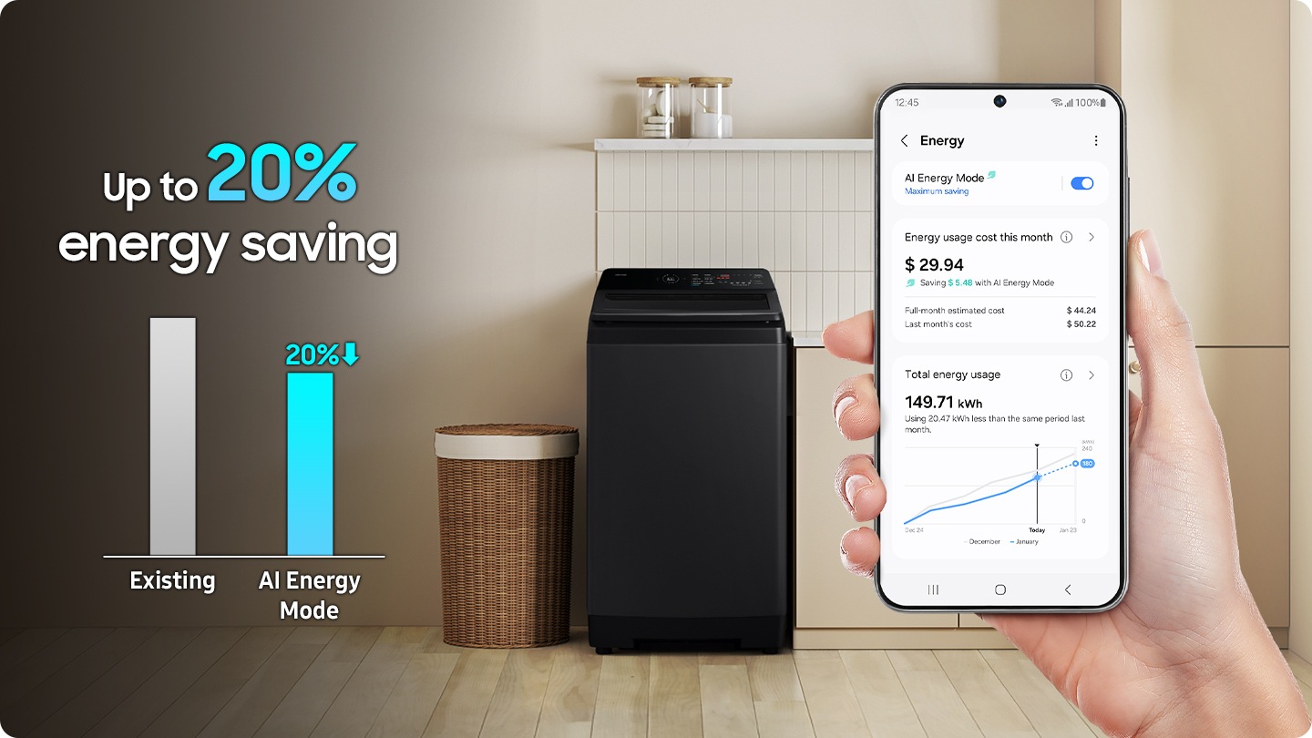 A person is using the SmartThings app on their smartphone and AI Energy Mode is activated. It simply connects and easily control your devices with SmartThings. It controls the motor efficiently through algorithm optimization. The transparent washing machine shows that laundry is being washed in the drum. AI Energy Mode saves up to 20% of energy than existing.
