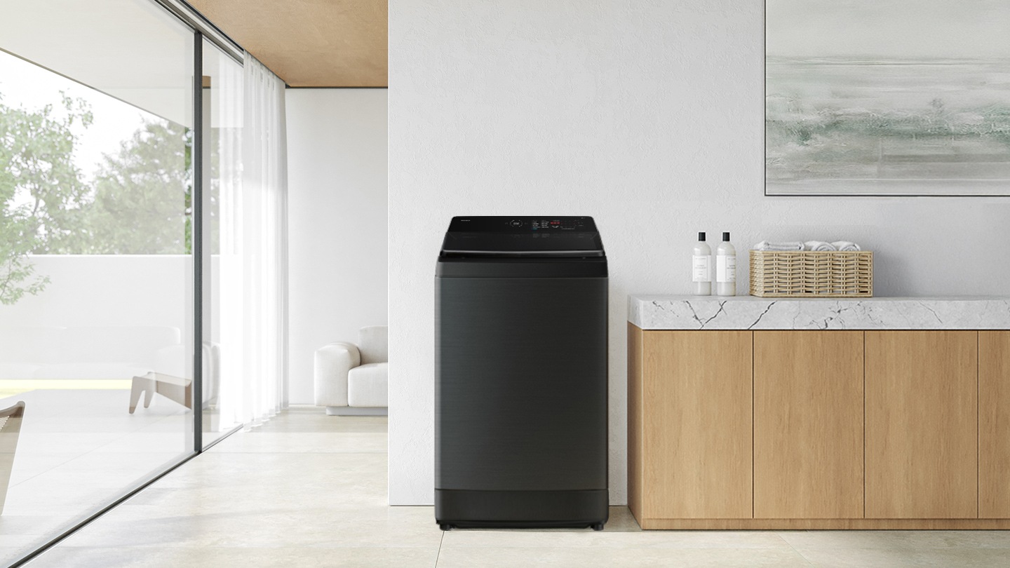 Intelligent washing. The washing machine is installed in the modern laundry room. AI Wash. Intelligent sensing technologies. The see-through interior shows the location of the sensors for water level, wash load, and fabric sensing. Ecobubble™. The BubbleStorm kit is activated and the rich bubbles is created and poured into the drum. This bubble penetrates the fabric up to 2.5x faster. AI Energy Mode. A person is using the SmartThings app on their smartphone and AI Energy Mode is activated. It simply connects and easily control your devices with SmartThings. AI Energy Mode saves up to 20% of energy than existing.