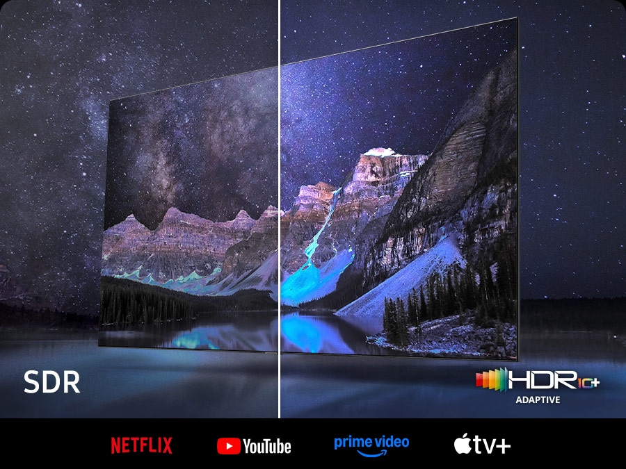 Neo QLED TV is displaying mountains and a starry night. The scene after applying HDR 10+ ADAPTIVE technology is much brighter and crisper than the SDR version.