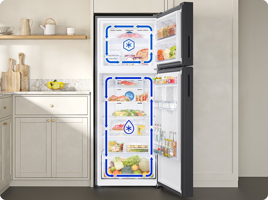 The door of the refrigerator is open. The arrows indicate that cold air is circulating in the top freezer and bottom fridge respectively.