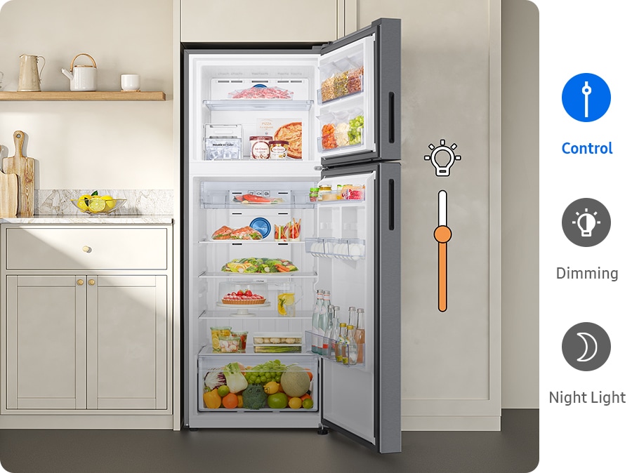 The internal lighting of refrigerator is controlled using SmartThings Lighting. In Dimming mode, the lights gradually get brighter. And in Night Light mode, the lights glow dimly in a dark room.