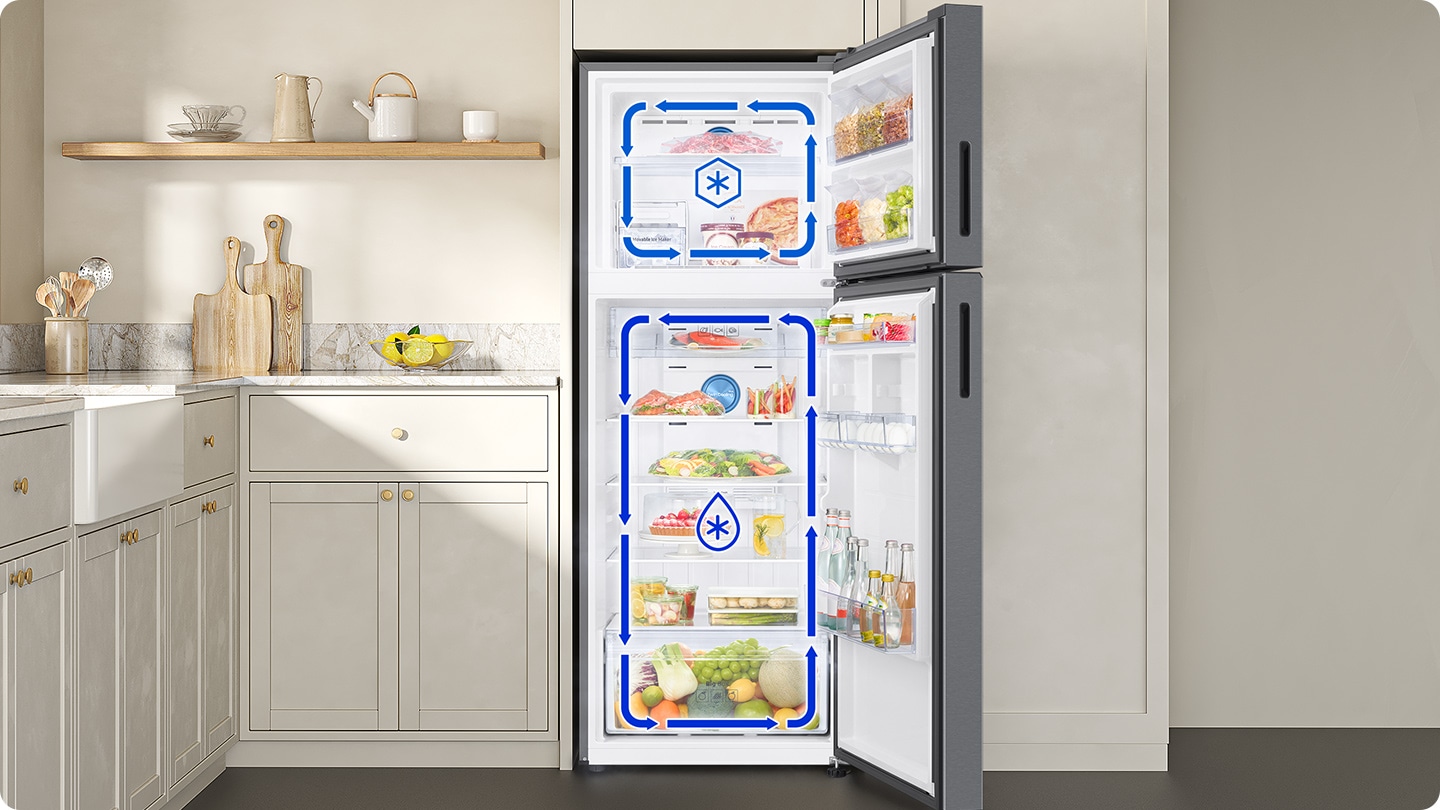 The door of the refrigerator is open. The arrows indicate that cold air is circulating in the top freezer and bottom fridge respectively.