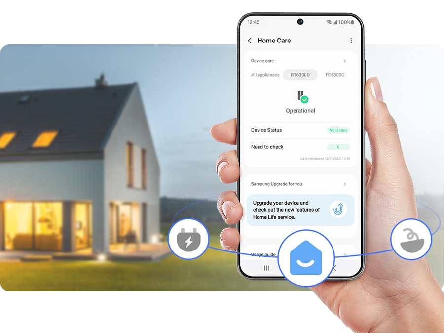 A person is using the SmartThings Home care and checks the device status.
