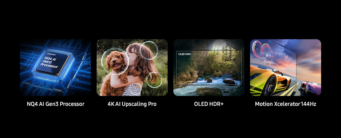 Key features at a glance are Samsung NQ4 AI Gen3 Processor, 4K AI Upscaling Pro, OLED HDR+ and Motion Xcelerator 144Hz.