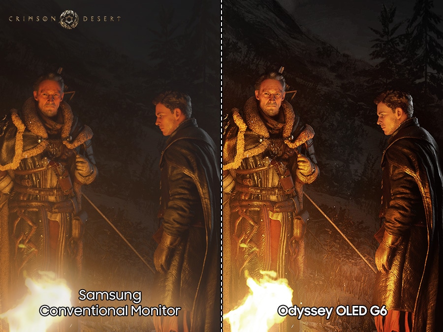 The same image of Crimson Desert with two men in cloaks around a campfire is shown twice in comparison. On the right, the image labeled "Odyssey OLED G6," the blacks are much darker than the left image labeled "Samsung Conventional Monitor."