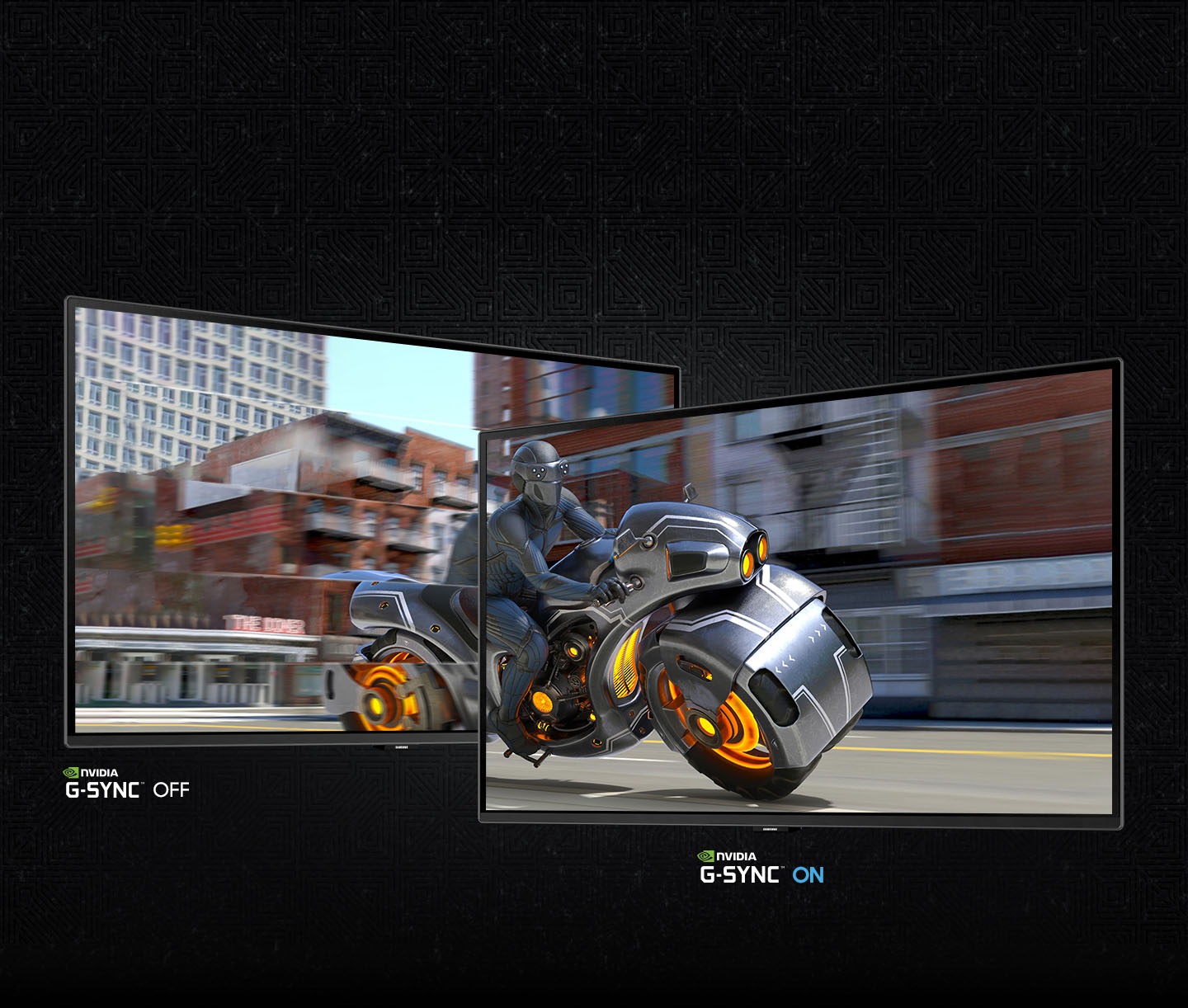 Two screens show a man riding a futuristic motorcycle. The left screen, labeled "NVIDIA G-SYNC OFF," shows the screen stuttering. The right screen, labeled "NVIDIA G-SYNC ON," is clear.