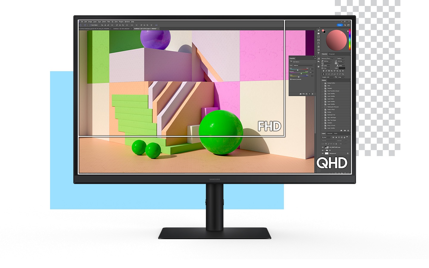 Colorful objects are on the image editing tool in the monitor, and the screen is divided into FHD and QHD.