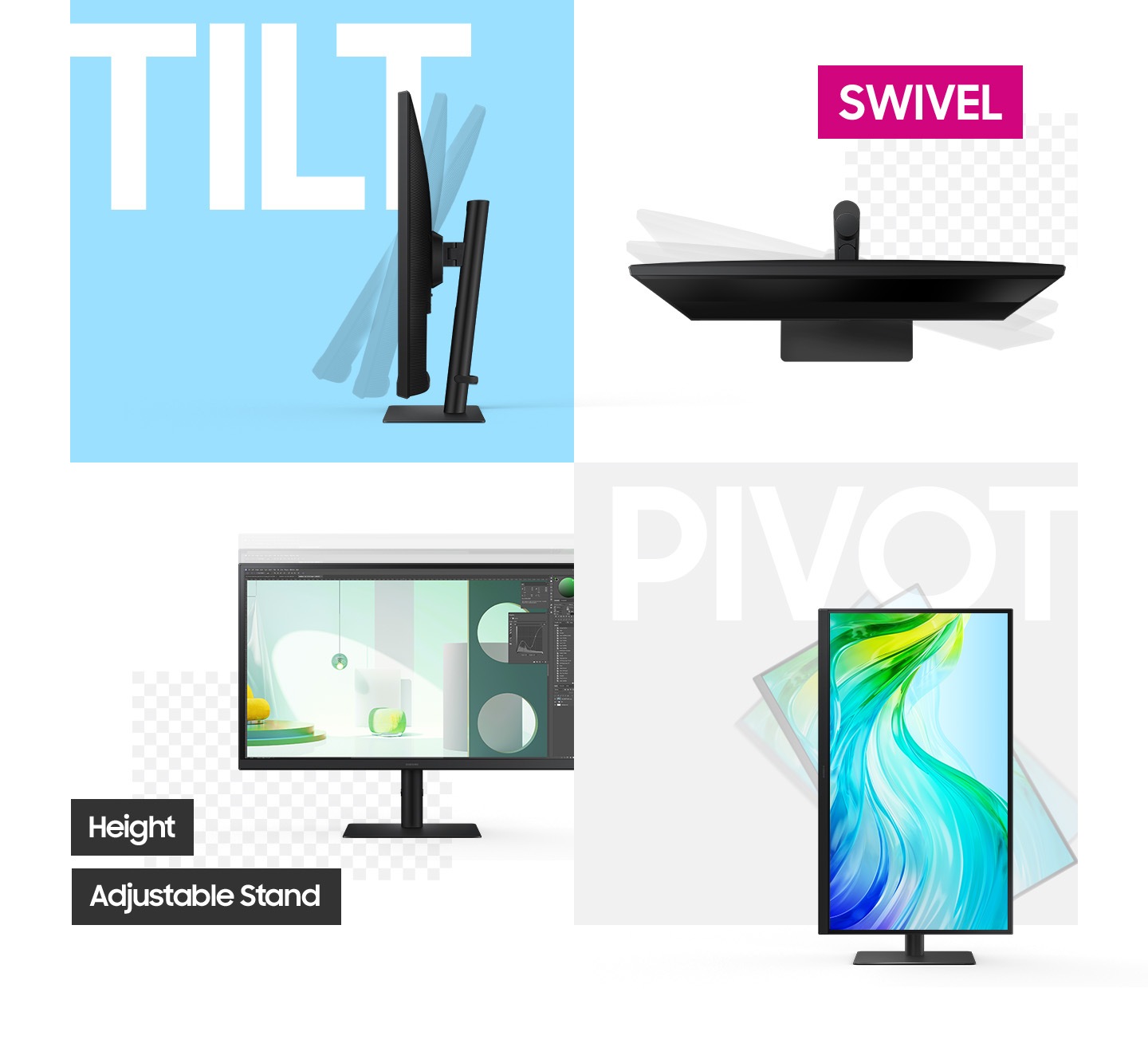 The monitor shows that tilt, swivel, height adjustable stand, and pivot are possible.