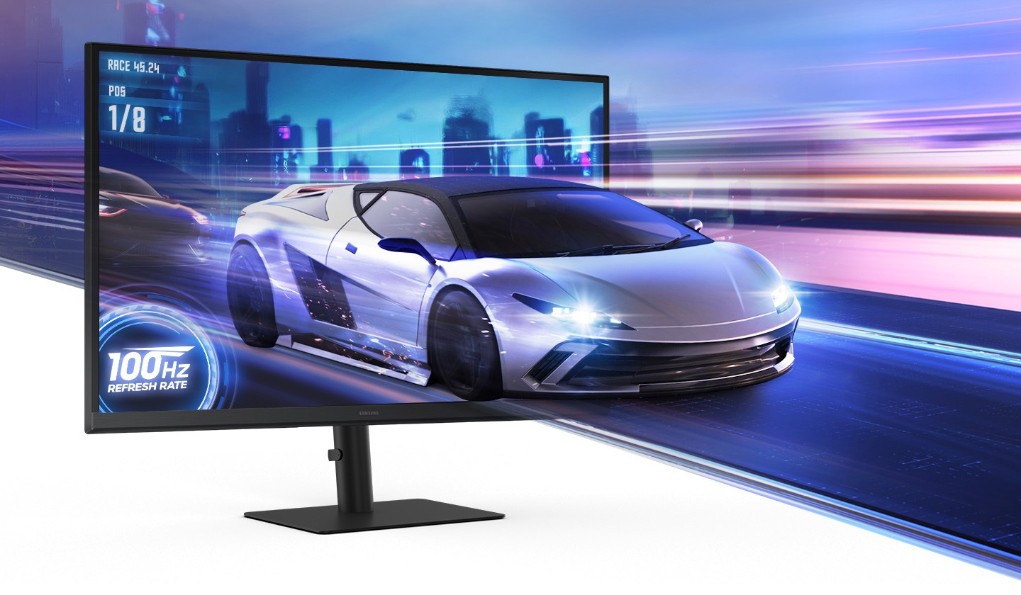 Against the backdrop of a racing game in a blue city, a silver sports car pops out of a monitor that says 100Hz Refresh rate.