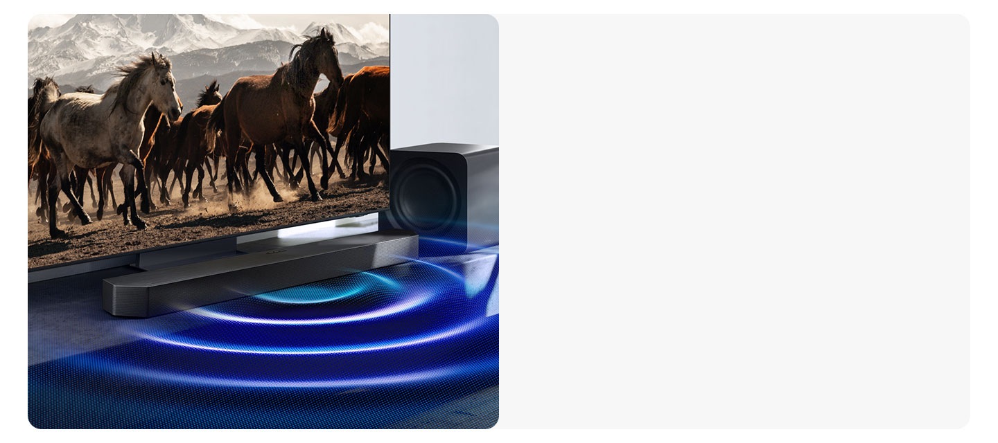 Sound waves stream from a Samsung soundbar placed under a TV, while the subwoofer next to it is muted.